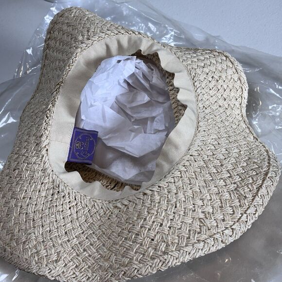 Curations Cream And Gold Paper Straw Packable Pool Beach Sun Hat NWT - Picture 4 of 6